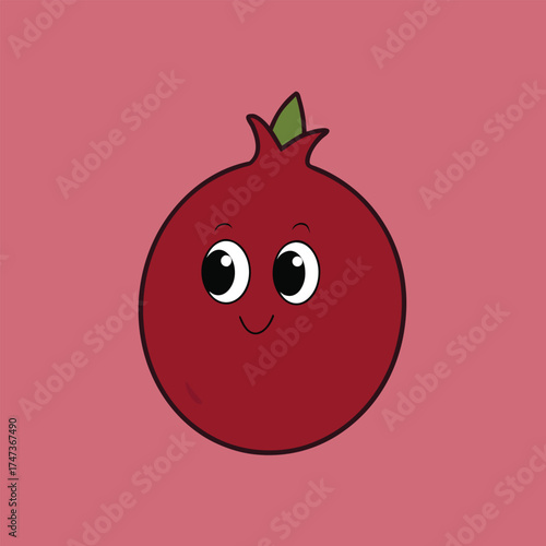Cartoon pomegranate with eyes and a smile, showcasing a cheerful and playful character.