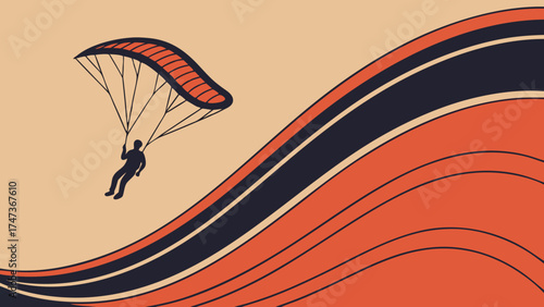 Abstract illustration of paragliding over stylized landscape extreme sports adventure vector art.
