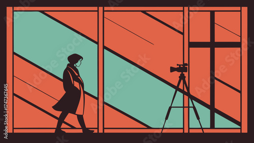 Abstract Silhouette of Person Walking Past a Camera on Tripod in Modern Geometric Interior.