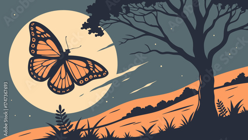 Artistic Butterfly Silhouette in Night Landscape with Tree and Moon.
