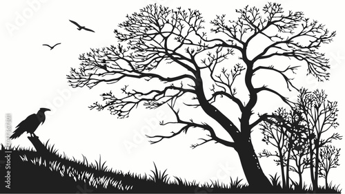 Black and white silhouette of trees birds and grass in nature perfect for design projects.