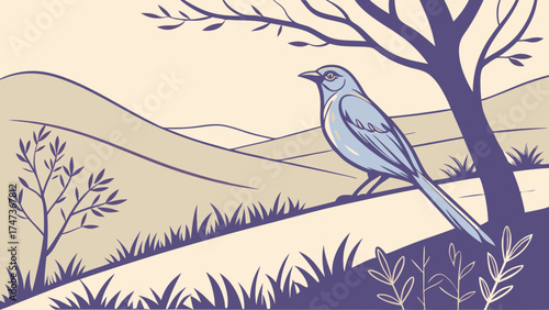 Blue Bird on Hillside Nature Illustration Wildlife Art Spring Landscape Birdwatching Avian Peaceful Scene.