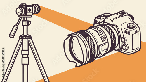 Camera equipment illustration DSLR camera on tripod photography videography graphic design professional equipment digital camera lens tripod stand photography tools image editing camer.