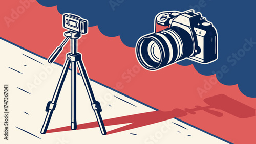Camera and Tripod Photography Equipment Video Production Still Life Illustration.