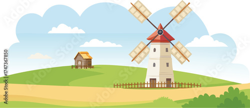 A cartoon windmill on a hill, accompanied by a house and a barn in a colorful landscape.
