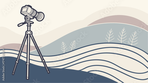 Camera on tripod against an abstract landscape background photography equipment nature scene artistic illustration.
