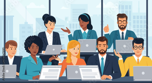 Diverse team of professionals actively engaged in a collaborative business meeting, discussing strategies and ideas with laptops in a modern corporate boardroom setting