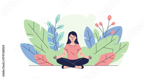 A peaceful woman sits in the lotus position, practicing mindfulness and yoga surrounded by beautiful leaves and foliage