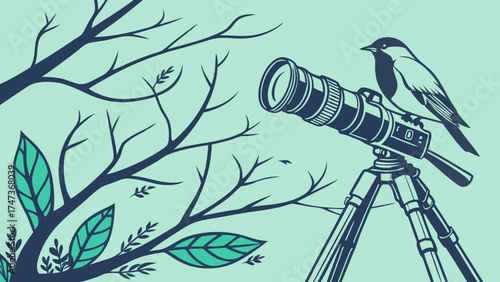 Camera on Tripod with Bird and Branches.