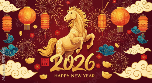 Vibrant Golden Horse Celebrating Chinese New Year 2026 with Traditional Lanterns, Explosive Fireworks, Auspicious Clouds, and Gold Ingots on a Festive Red Background for Lunar New Year Festivities