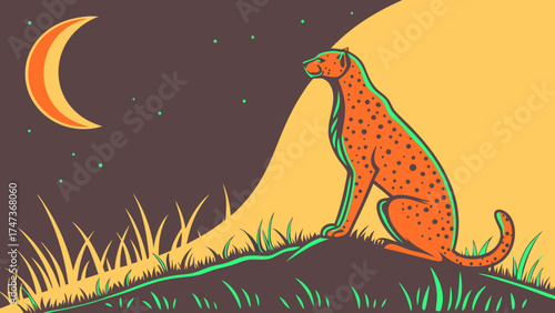 Cheetah at Night Wildlife Illustration Moonlit Savannah Big Cat Art Vector Graphic.