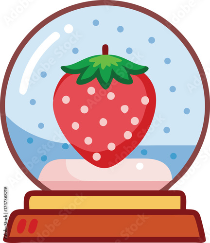 A vibrant strawberry is encased in a snow globe, resting on a table, adding a playful touch to the setting.