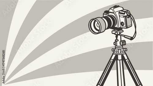 DSLR camera on tripod photography equipment photo studio graphic design element vintage camera illustration retro camera design camera on stand professional photography image background.