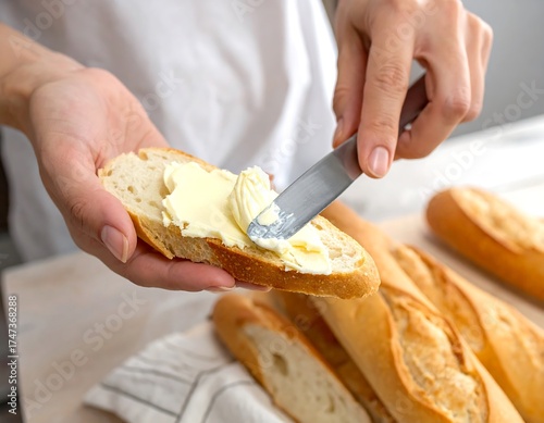 Woman spreading butter on baguette slices