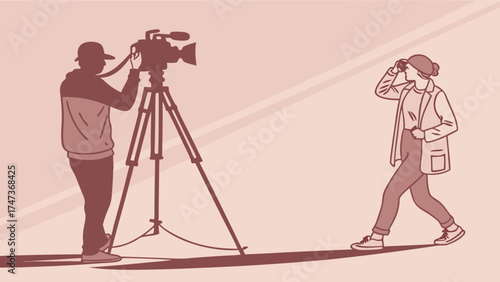 Filming a person walking videographer with camera on tripod minimalist illustration vector art.