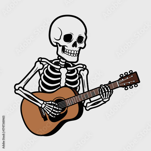 Cartoon Skeleton Playing Acoustic Guitar Illustration, Funny Musician with Skull and Bones for Music, Halloween, or Gothic Design