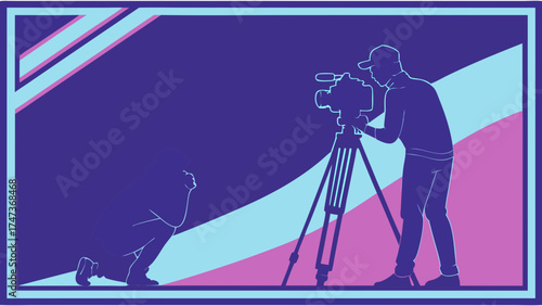 Filmmaking crew silhouettes cameraman with tripod and assistant vector illustration abstract design purple and blue colors.