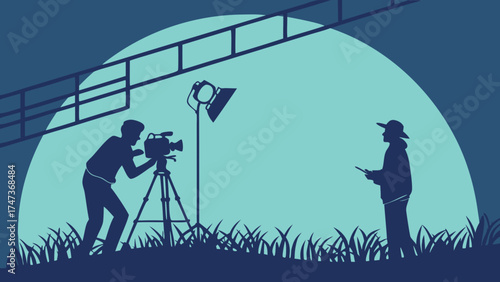 Filmmaking crew silhouettes movie production video shooting director and cameraman outdoor set night shoot film industry behind the scenes cinema movie making vector art illustration.