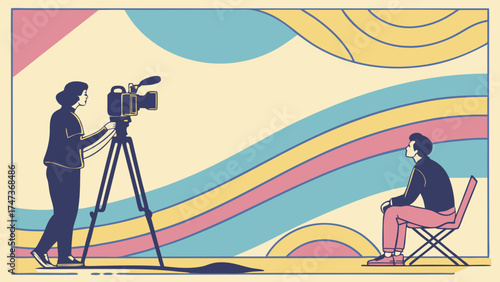 Filmmaking Interview Video Production Retro Style Illustration Cameraman Subject Colorful Background Abstract Art Studio Recording Media Broadcasting Television Cinema Movie Filming.
