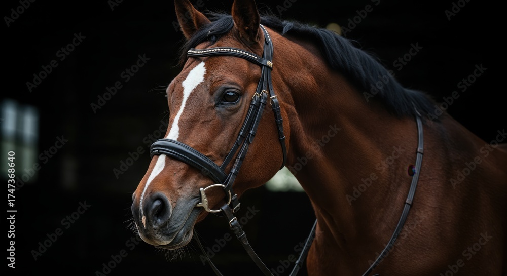 Obraz premium Majestic Horse: The captivating beauty of a horse, its rich brown coat gleaming under the light. The horse stands as a testament to natural elegance.