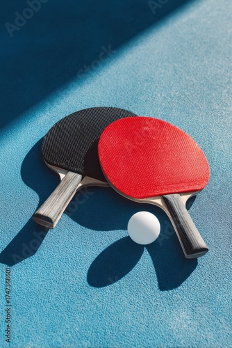 Top view of red and black table tennis paddles with a white ball on a blue surface under bright sunlight, creating sharp shadows and a clean modern sports still life composition