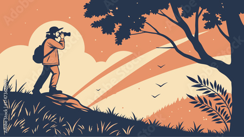 Hiker with binoculars enjoying a scenic view at sunset nature exploration travel adventure illustration.