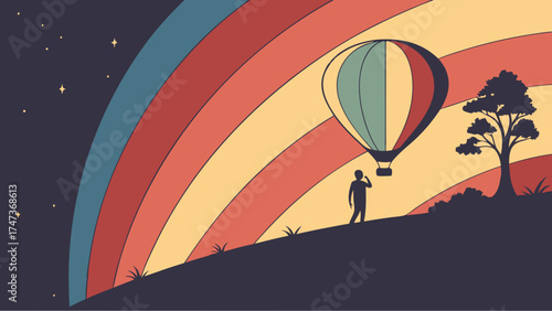 Hot Air Balloon Silhouette Over Retro Rainbow Landscape with Person Watching Stars and Tree at Night.