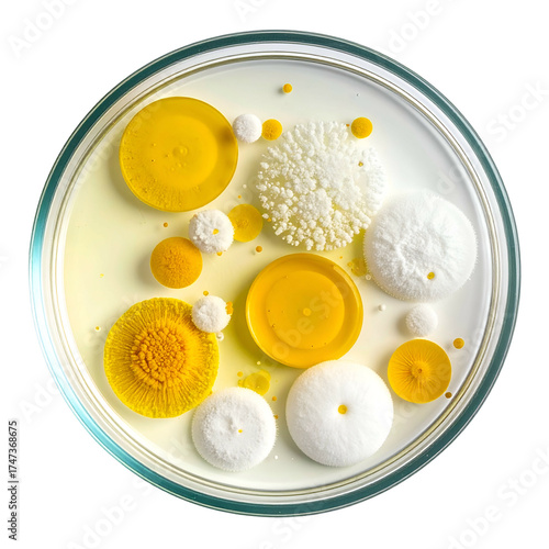 Petri dish showcasing various colorful microbial colonies in a circular, clear glass container