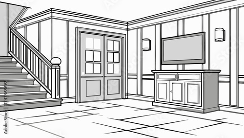 Interior Design Sketch Modern Home Entryway with Staircase and Media Console.