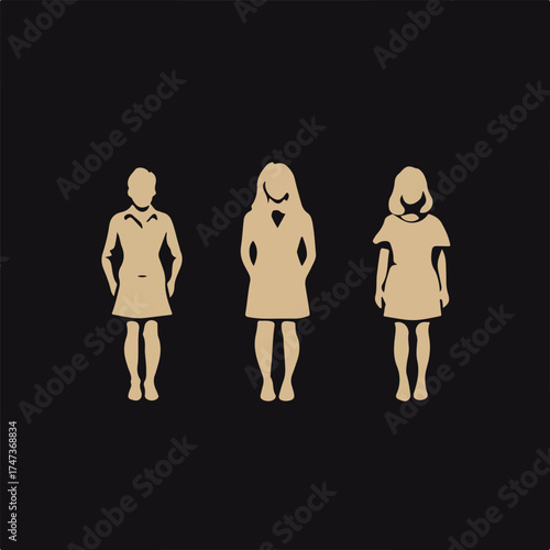 Three stylized female figures rendered in a minimalist, beige silhouette against a solid black background, evoking a sense of unity and simplicity