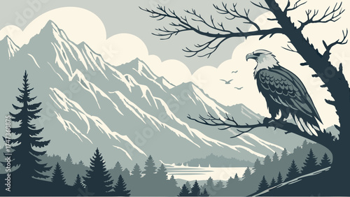 Majestic Eagle Perched on Branch Overlooking Mountain Lake and Forest Landscape.
