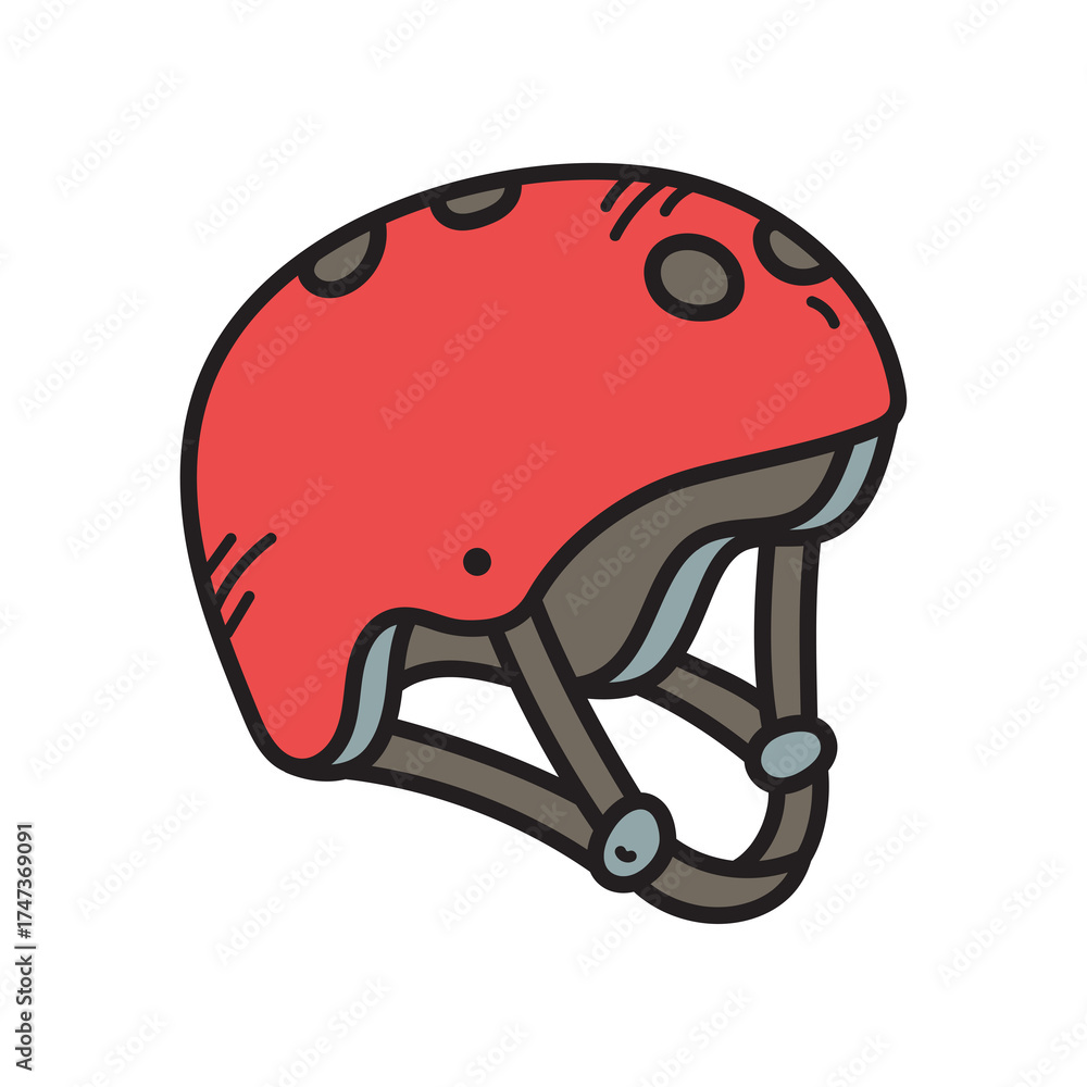 Fototapeta premium Red Protective Helmet With Black Straps For Safety And Sports Isolated On White Background Simple Flat Design Vector Illustration