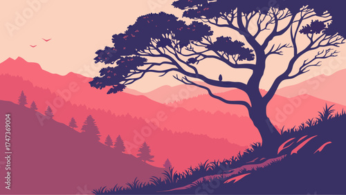 Mountain landscape with tree silhouette at sunset nature illustration vector art scenic view.
