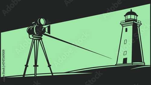 Movie camera filming a lighthouse filmmaking cinematic vector illustration.