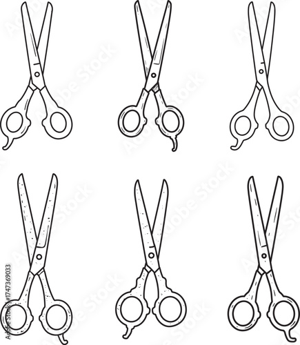Collection of six hand drawn vintage style barber scissors and hairdressing shears isolated on white background