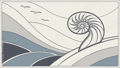 Nautilus Shell and Abstract Landscape Elegant Art Deco Style Illustration for Design Projects.