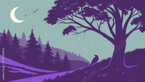 Night landscape with crescent moon trees bird and hills nature illustration purple silhouette vector art.