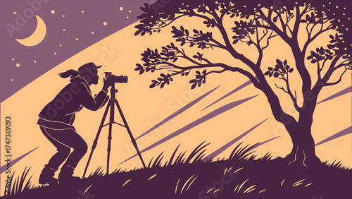 Night Photography Silhouette Person with Camera on Tripod under Starry Sky and Tree.