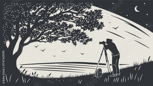 Night Photography Silhouette of Photographer with Camera on Tripod Under Tree Stars and Moon Landscape Illustration.
