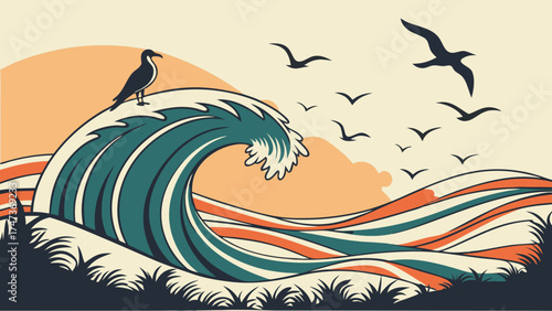 Ocean Wave Art Print Retro Sunset Sea Birds Illustration Vintage Coastal Design Summer Beach Graphic Teal and Orange Color Palette.