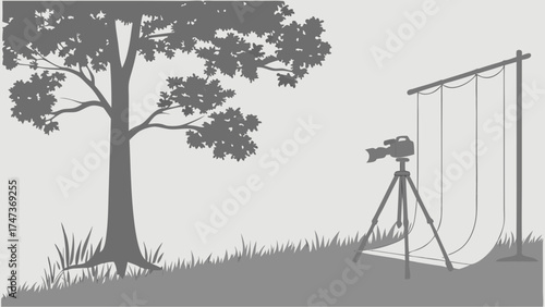 Outdoor Photography Setup with Camera on Tripod and Backdrop.
