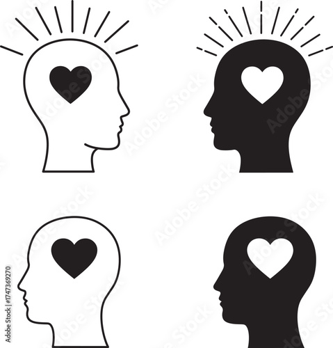 Four silhouette head profiles with heart symbol and rays representing thoughts and emotions
