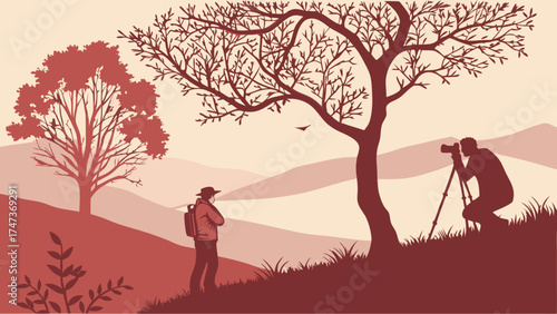 Photographer capturing a hiker in a scenic landscape with trees and hills.