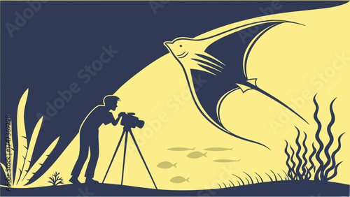Photographer capturing a majestic underwater creature with a camera on a tripod surrounded by aquatic plants and fish.