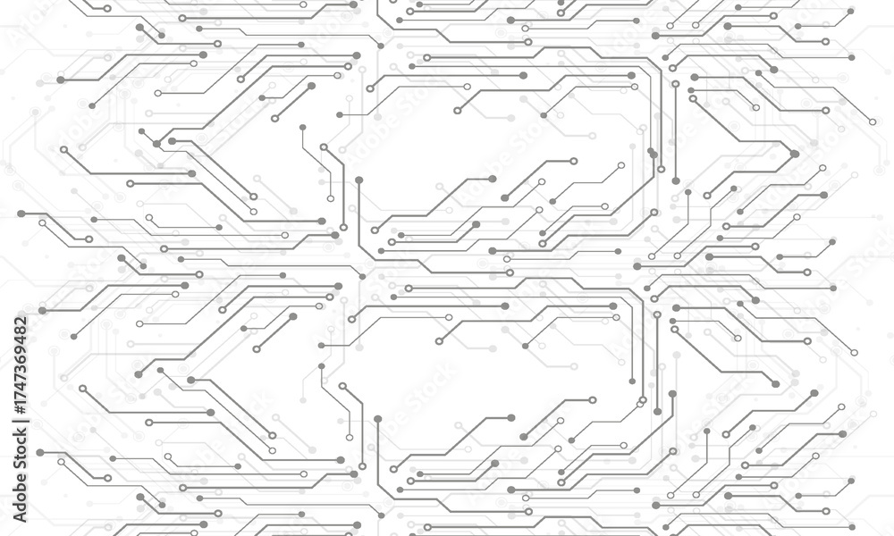 Obraz premium Abstract AI circuit board in black and white background. High-tech electronics board digital technology. Isometric electronic motherboard background. Vector illustration.