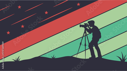 Photographer Silhouette Capturing Night Sky with Shooting Stars Retro Style Illustration.