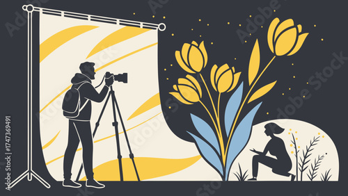 Photographer shooting model with flowers studio photography artistic illustration.