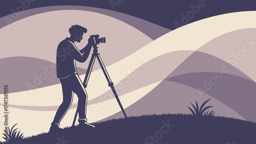 Photographer Silhouette with Camera on Tripod Landscape Photography Nature Scene Artistic Illustration.