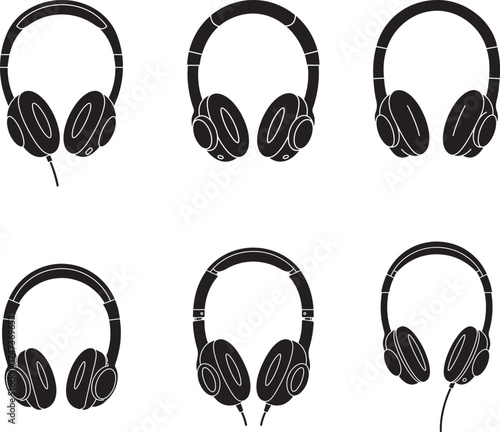 Collection of six hand drawn sketch style headphones on a white background