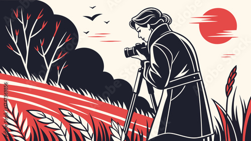 Photographer taking pictures in nature stylized illustration vector art artistic photography concept.